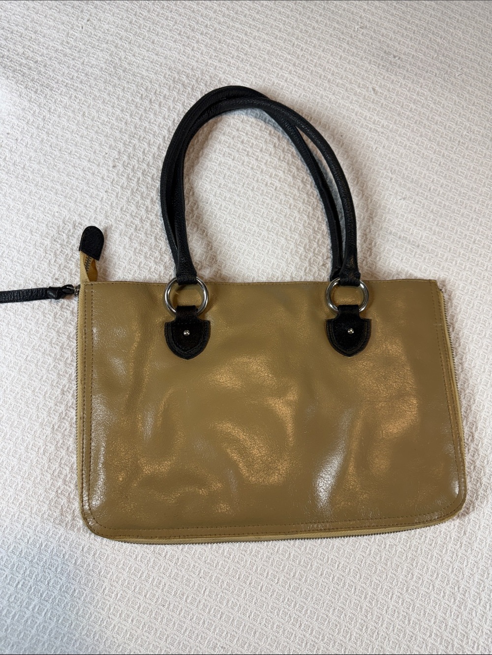 Cleo & Patek tan and brown leather satchel with expandable zipper